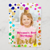 Rainbow Gold Dots Geburtstagsparty Foto Einladung (Vorne/Hinten)