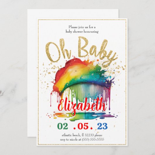 Rainbow Gold Glitzer Kinderdusche Einladung (Vorne/Hinten)