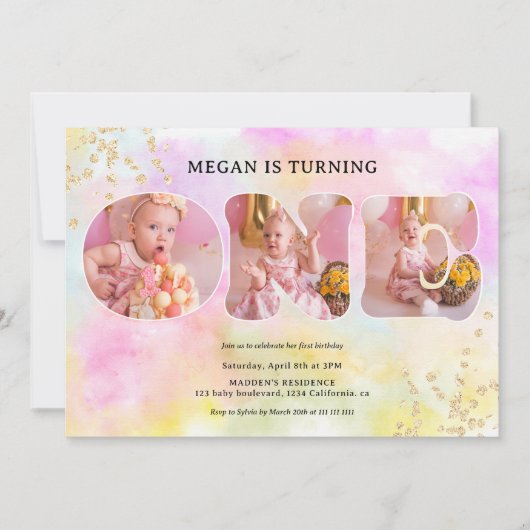 Rainbow gold Glitzer pastellfarben 3 Fotos 1. Gebu Einladung (Vorderseite)