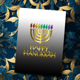 Rainbow Gold Menorah Flames Happy Hanukkah Card Feiertagskarte