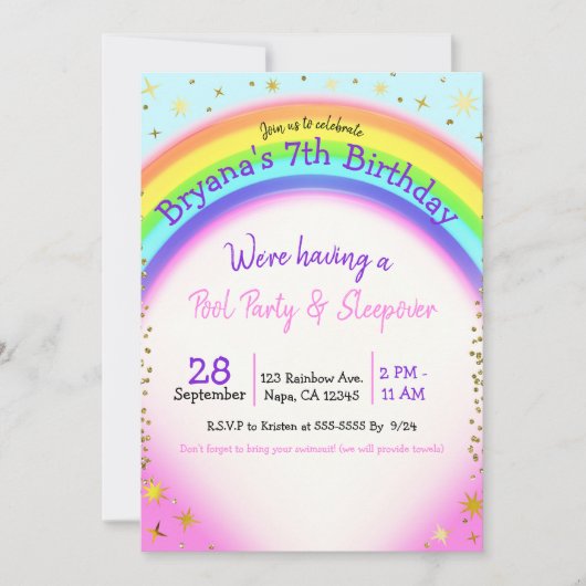Rainbow Gold Sparkle Fantasy Birthday Party Einladung (Vorderseite)