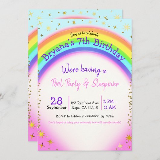 Rainbow Gold Sparkle Fantasy Birthday Party Einladung (Vorne/Hinten)