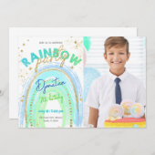 Rainbow Gold Stars Birthday Foto Einladung (Vorne/Hinten)
