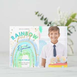 Rainbow Gold Stars Birthday Foto Einladung