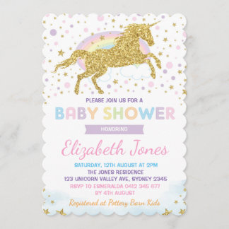 Rainbow Gold Unicorn / Magical Stars Kinderdusche Einladung