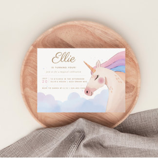 Rainbow Gold Watercolor Einhorn Geburtstagsparty | Einladung