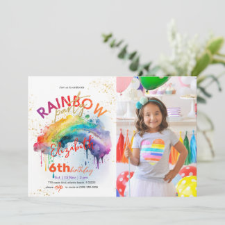 Rainbow Gold Watercolor Foto Geburtstag Einladung