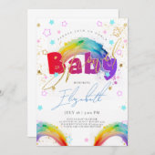 Rainbow Gold Watercolor Kinderdusche Einladung (Vorne/Hinten)