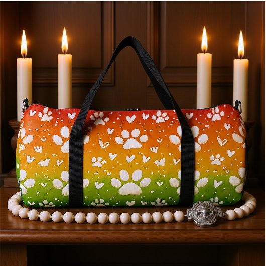 Rainbow Gradient White Paw Print Duffle Bag