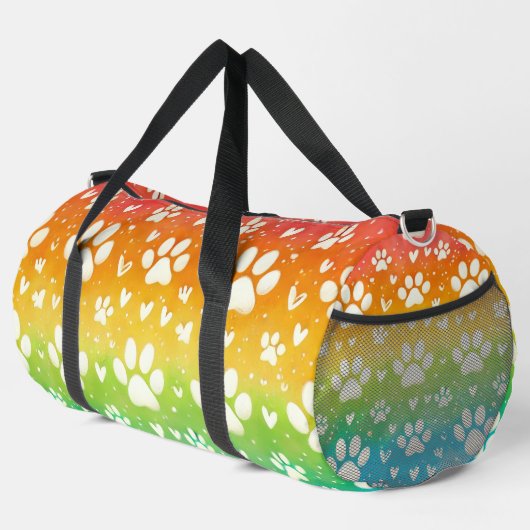Rainbow Gradient White Paw Print Duffle Bag (Rechte Ecke)