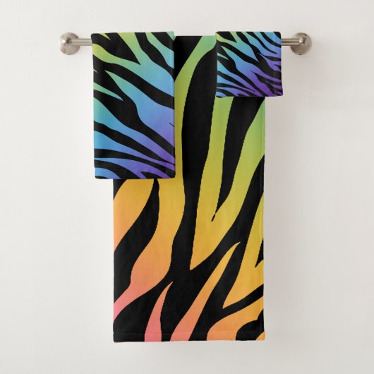Rainbow Gradient Zebrastreifen Drucken auf Schwarz Badhandtuch Set (Insitu)