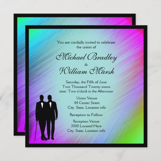 Rainbow Green Accent Gay Wedding Einladung (Vorne/Hinten)