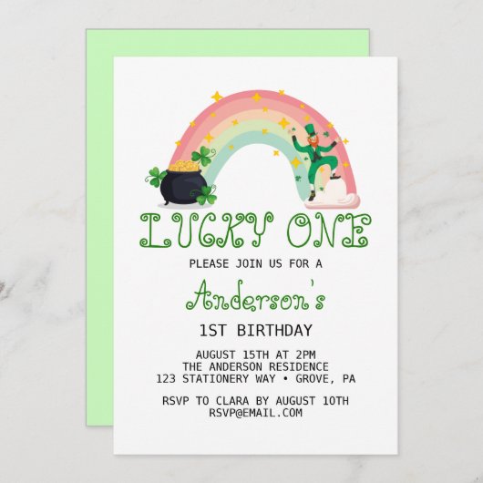 Rainbow & Green Closing Lucky Ein erster Geburtsta Einladung (Vorne/Hinten)
