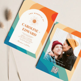 Rainbow Groovy Colorful Wavy Boho Wedding Qr Code Einladung