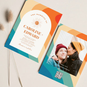 Rainbow Groovy Colorful Wavy Boho Wedding Qr Code Einladung