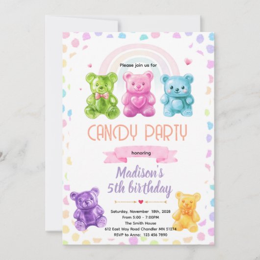 Rainbow Gummy Bear candy Invitation Einladung (Vorderseite)