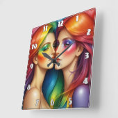 Rainbow-haarige Frauen verkörpern farbenfrohe Schö Quadratische Wanduhr (Winkel)