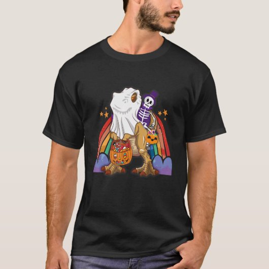 Rainbow Halloween Skeleton Riding Dinosaur Rex Pum T-Shirt (Vorderseite)