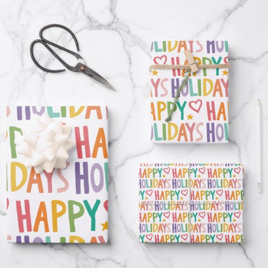 Rainbow HAPPY HOLIDAYS HandGezeichnet Weihnachtsfe Geschenkpapier Set (Vorderseite)