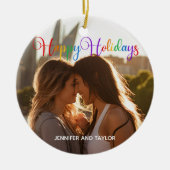 Rainbow Happy Holidays LGBTQ Foto Keramik Ornament (Vorne)