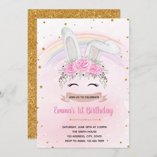 Rainbow-Hasenprinzessin Geburtstagsfeier Dankeskarte (Vorne/Hinten)