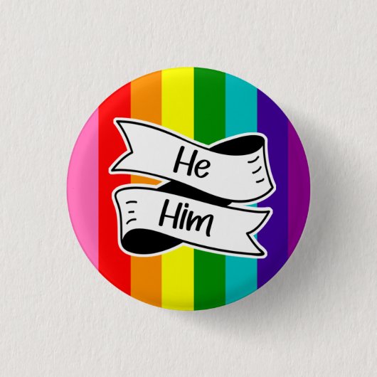 Rainbow He/Him Pronoun Abzeichen Button (Vorderseite)