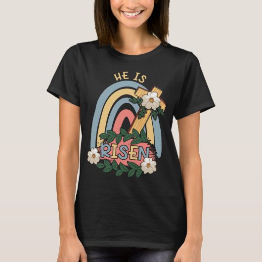 Rainbow He Risen Religous Easter Sunday Christ Cro T-Shirt (Vorderseite)