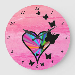 Rainbow Heart and Butterfly Große Wanduhr