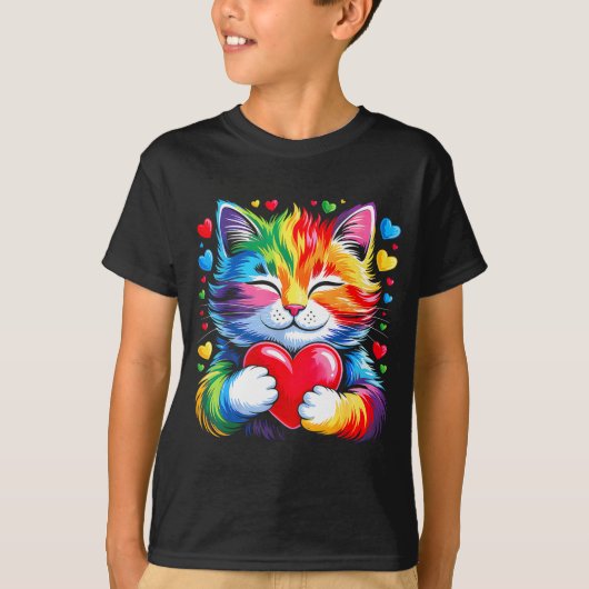 Rainbow Heart Cat, Cute Valentine Day For Kids Boy T-Shirt (Vorderseite)