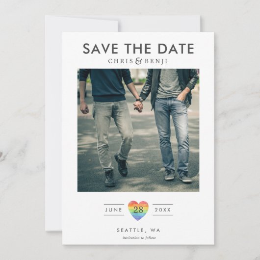 Rainbow Heart LGBTQ Save the Date mit Foto (Vorderseite)