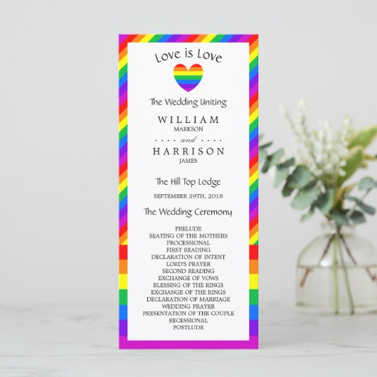 Rainbow Heart Liebe ist Liebe Wedding Programm (Stehend Vorderseite)