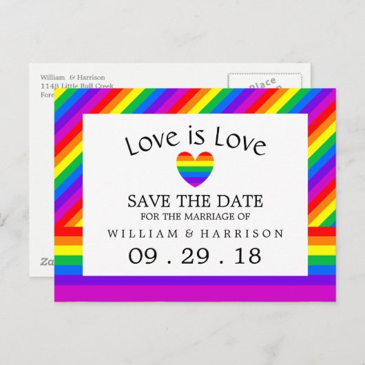 Rainbow Heart Liebe ist Liebe Wedding Save the Dat Ankündigungspostkarte (Vorne/Hinten)