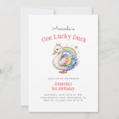 Rainbow Heart One Lucky Duck Girl Erstgeburt Einladung (Vorderseite)