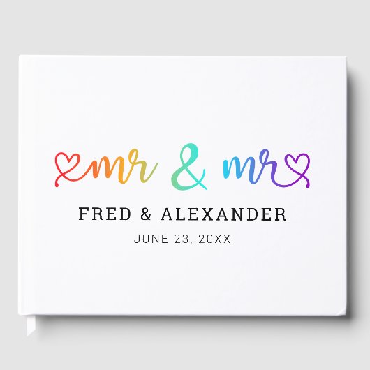Rainbow Heart Script Mr & Mr. Gay Wedding Gästebuch (Vorderseite)
