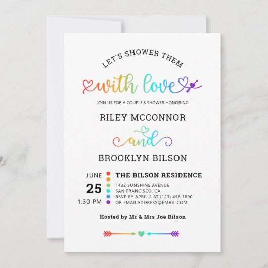 Rainbow Heart Script Niedlich LGBT Couple's Shower Einladung (Vorderseite)