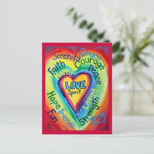 Rainbow Heart Spirit Words Postcard Postkarte (Stehend Vorderseite)