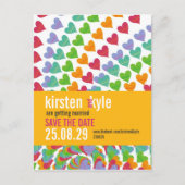 Rainbow Heart Sprinkles Save the Date Postkarte (Vorderseite)