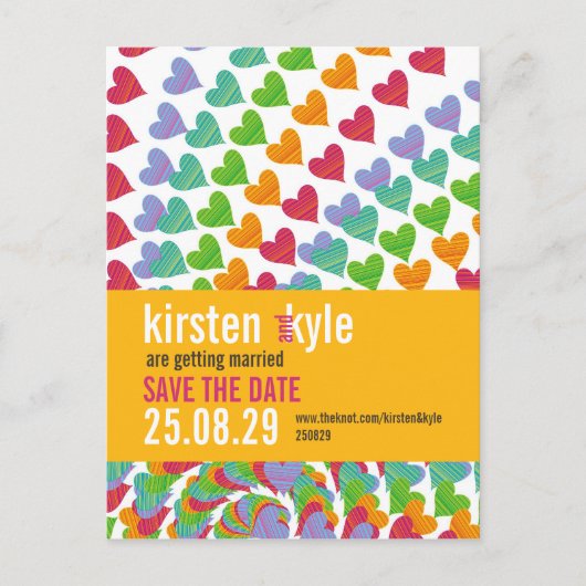 Rainbow Heart Sprinkles Save the Date Postkarte (Vorderseite)