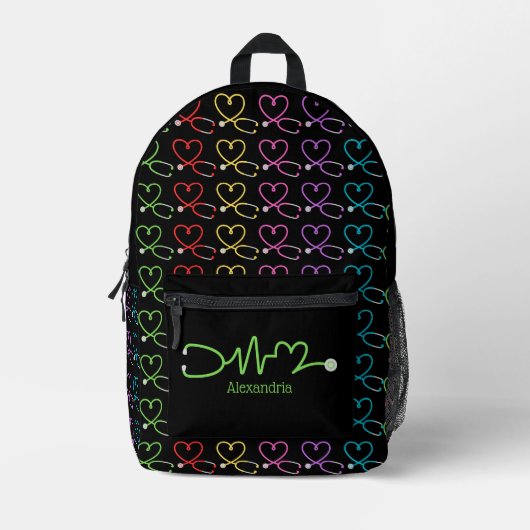 Rainbow Heart Stethoscope Monogram Bedruckter Rucksack (Vorderseite)