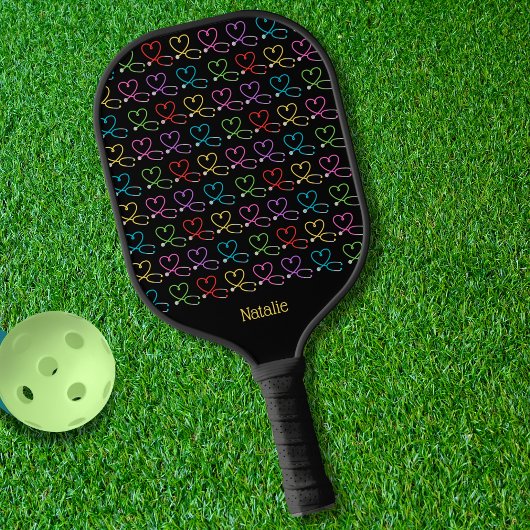 Rainbow Heart Stethoscope Monogram Pickleball Schläger