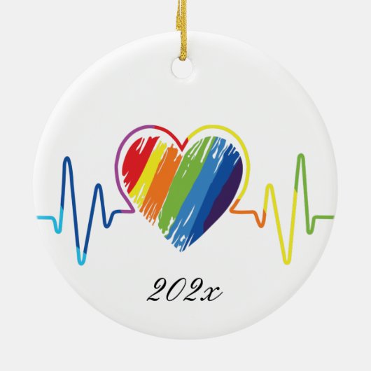 Rainbow Heartbeat | Abstraktes Schreibenherz Keramik Ornament (Hinten)