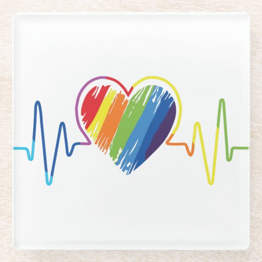 Rainbow Heartbeat | Abstraktes Scribble Herz LGBQ Glasuntersetzer (Vorderseite)