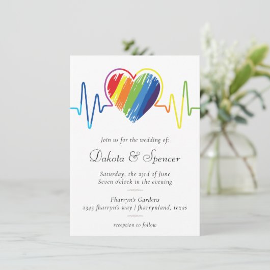 Rainbow Heartbeat | Scribble Heart Wedding Einladung (Stehend Vorderseite)