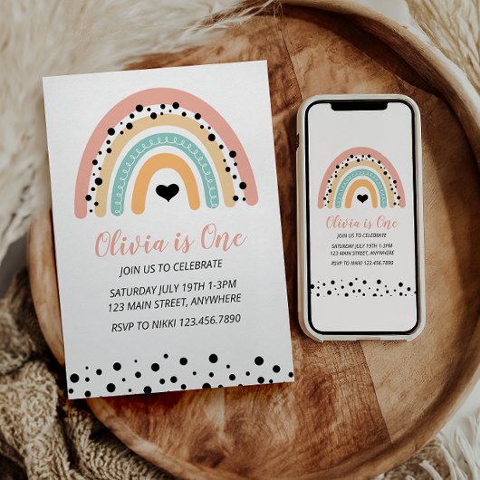 Rainbow & Hearts 1. Geburtstag Party Einladung