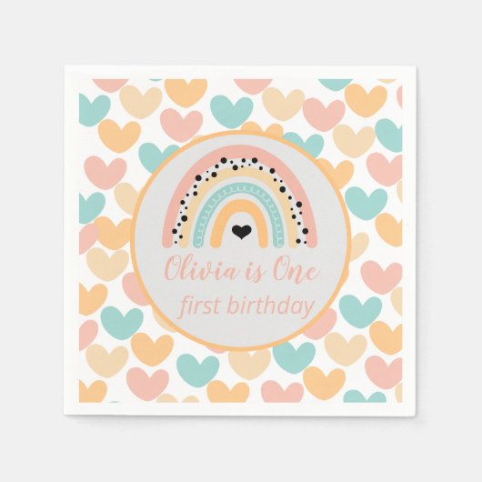 Rainbow & Hearts 1. Geburtstag Party Serviette (Vorderseite)