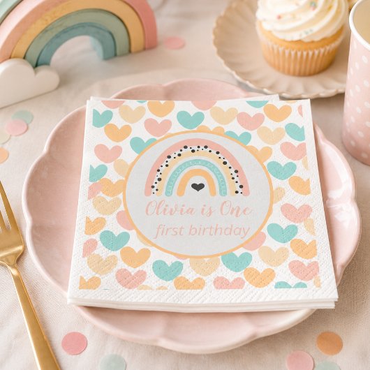 Rainbow & Hearts 1. Geburtstag Party Serviette
