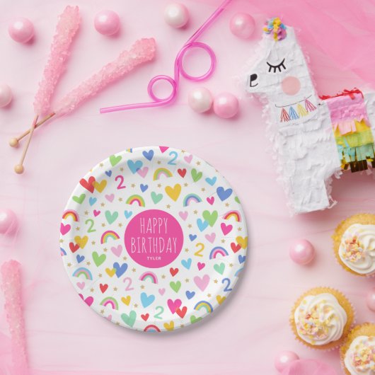 Rainbow Hearts 2. Geburtstag Party Individuelle Na Pappteller (Party)