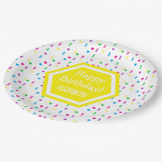 Rainbow Hearts 3. Geburtstag Pappteller (Schrägansicht)