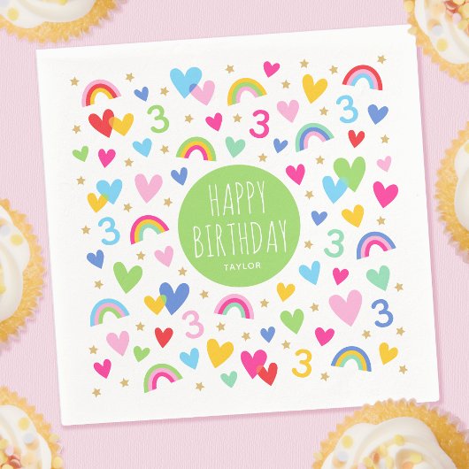 Rainbow Hearts 3. Geburtstag Party Name Grün Serviette
