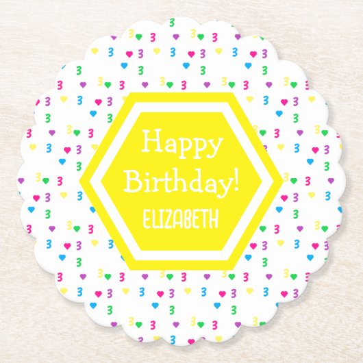 Rainbow Hearts 3. Geburtstag Untersetzer (Vorderseite)
